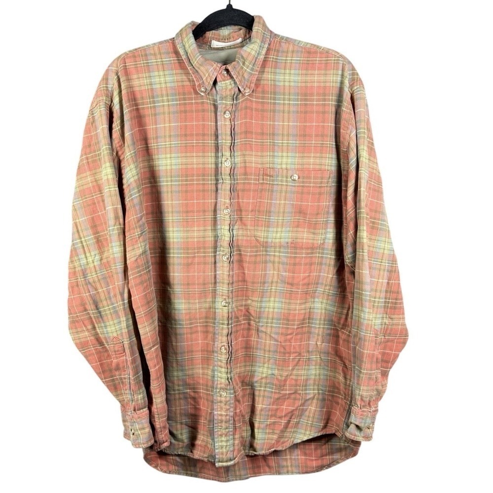 MINE Button Down Shirt Mens L Orange Plaid Long Sleeve Two Ply Country Twill